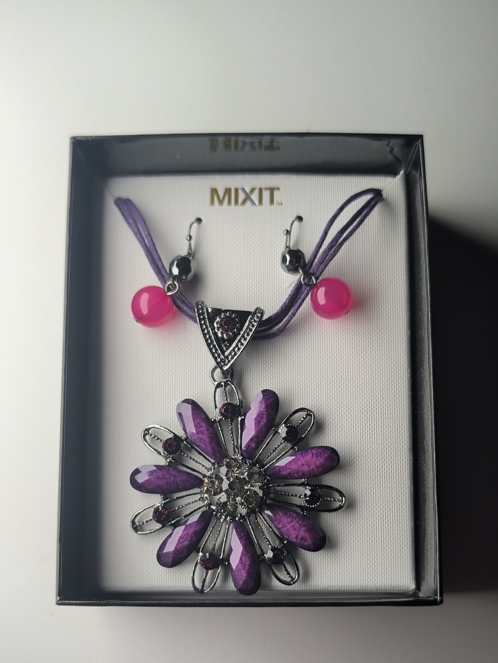 MIXIT Purple Flower Pendant Necklace with Pink Accent Beads Earings